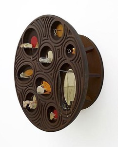 Jorge Pardo, Untitled (Jewelry Vitrine 1), 2010 (detail). Milled MDF, laser-cut acrylic, glass and jewelry, 2 pieces: table: 28 ½ × 27 × 27 in (72.4 × 68.6 × 68.6cm); wall vitrine: 27 × 27 × 13 in. (68.6 × 68.6 × 33cm) Photo by Douglas M. Parker Studio
