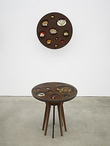 Jorge Pardo, Untitled (Jewelry Vitrine 2), 2010. Milled MDF, laser-cut acrylic, glass and jewelry, 2 pieces: table: 28 ½ × 27 × 27 in (72.4 × 68.6 × 68.6cm); wall vitrine: 27 × 27 × 13 in. (68.6 × 68.6 × 33cm) Photo by Douglas M. Parker Studio
