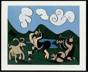 Pablo Picasso, Faunes et chèvre, 1959. Linocut in 8 colors in 10 parts on 5 linoblocks, plate: 20 ⅞ × 25 ⅛ inches (52.8 × 63.8 cm), edition of 50 + 20 AP © Estate of Pablo Picasso/Artists Rights Society (ARS), New York