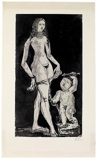 Pablo Picasso, Vénus et l’amour, d’après Cranach, c. May 30, 1949 and c. 1951, 1951 6th state: etching, scraper, burin, and drypoint on copper, pulled on Rives wove paper by Crommelynck between 1975 and 1977 after the plate was beveled and steelfaced, 39 ¼ × 23 ½ inches (100 × 59.5 cm), edition of 50© 2010 Estate of Pablo Picasso/Artists Rights Society (ARS), New York