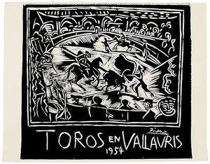 Pablo Picasso, Toros en Vallauris, 1954. Linocut: 1 linoblock, pulled in black on poster paper by Arnéra, 29 ¾ × 37 ¾ inches (75.5 × 96 cm), edition of 240 © 2010 Estate of Pablo Picasso/Artists Rights Society (ARS), New York