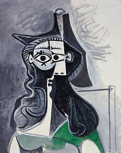 Pablo Picasso, Portrait de femme assise à la robe verte, February 11, 1961. Oil on canvas, 36 ¼ × 28 ¼ inches (92 × 72 cm) © 2010 Estate of Pablo Picasso/Artists Rights Society (ARS), New York