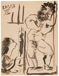 Pablo Picasso, Peintre dans son atelier, March 20, 1958. India ink on paper, 12 ½ × 9 ¾ inches (32 × 25 cm) © 2010 Estate of Pablo Picasso/Artists Rights Society (ARS), New York