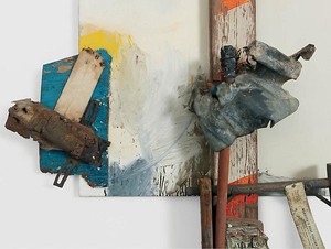 Robert Rauschenberg, Aen Floga (Combine Painting), 1962 (detail). Oil on canvas with wood, metal and wire