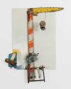 Robert Rauschenberg, Aen Floga (Combine Painting), 1962. Oil on canvas with wood, metal and wire, 73 × 50 × 13 ¾ inches (185.4 × 127 × 34.9 cm)