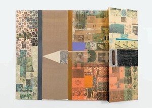 Robert Rauschenberg, Melic Meeting (Spread), 1979. Mixed media including solvent transfer on fabric collage, and mirror, 96 × 132 × 14 inches (243.8 × 335.3 × 35.6 cm)