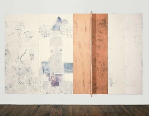 Robert Rauschenberg, Coral Roe (Spread), 1977. Solvent transfer, acrylic, fabric and graphite on wood panels with fabric and dowels, 85 × 180 × 55 ¾ inches (215.9 × 457.2 × 141.6 cm)