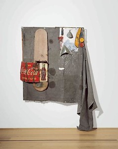 Robert Rauschenberg, Dylaby (Combine Painting), 1962. Oil, metal objects, metal spring, metal Coca-Cola sign, ironing board, and twine on unstretched canvas tarp on wooden support, 109 ½ × 87 × 15 inches (278.1 × 221 × 38.1 cm)