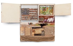 Robert Rauschenberg, Short Circuit (Combine Painting), 1955. Oil, fabric and paper on wood supports and cabinet with two hinged doors containing a painting by Susan Weil and a reproduction of a Jasper Johns Flag painting by Elaine Sturtevant, 40 ¾ × 37 ½ × 4 ¼ inches (103.5 × 95.2 × 10.8 cm)