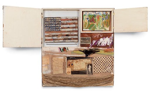 Robert Rauschenberg, Short Circuit (Combine Painting), 1955 Oil, fabric and paper on wood supports and cabinet with two hinged doors containing a painting by Susan Weil and a reproduction of a Jasper Johns Flag painting by Elaine Sturtevant, 40 ¾ × 37 ½ × 4 ¼ inches (103.5 × 95.2 × 10.8 cm)