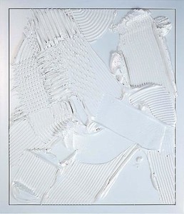 Anselm Reyle, White Earth, 2009. Mixed media on canvas, steel frame, and effect lacquer, 58 ⅜ × 50 inches (148.3 × 127 cm) © Anselm Reyle