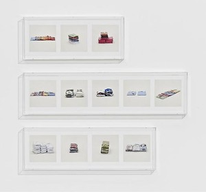 Taryn Simon, SHIRTS, LACOSTE (COUNTERFEIT), SHIRTS, RALPH LAUREN (COUNTERFEIT), SHIRTS, MISC. (COUNTERFEIT), 2010. 12 archival inkjet prints in 3 Plexiglas boxes, Box 1: 9 ¼ × 22 ¾ × 2 ½ in (23.5 × 57.8 × 6.4cm); Box 2: 9 ¼ × 37 ¼ × 2 ½ in (23.5 × 94.6 × 6.4cm); Box 3: 9 ¼ × 30 × 2 ½ in (23.5 × 76.2 × 6.4cm), edition of 4 Photo by Douglas M. Parker Studio
