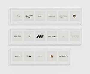 Taryn Simon, WATCHES (COUNTERFEIT), 2010. 17 archival inkjet prints in 3 Plexiglas boxes, Box 1 &amp; 2: 9 ¼ × 44 ½ × 2 ½ inches (23.5 × 113 × 6.4cm); Box 3: 9 ¼ × 37 ¼ × 2 ½ inches (23.5 × 94.7 × 6.4cm), edition of 4 Photo by Douglas M. Parker Studio