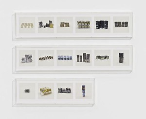 Taryn Simon, TELEVISION SERIES (PIRATED), 2010. 16 archival inkjet prints in 3 Plexiglas boxes, Box 1 &amp; 2: 9 ¼ × 44 ½ × 2 ½ inches (23.5 × 113 × 6.4cm); Box 3: 9 ¼ × 30 × 2 ½ inches (23.5 × 76.2 × 6.4cm), edition of 4 Photo by Douglas M. Parker Studio