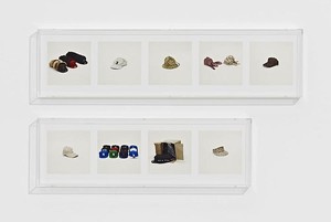 Taryn Simon, HATS (COUNTERFEIT), 2010. 9 archival inkjet prints in 2 Plexiglas boxes, Box 1: 9 ¼ × 37 ¼ × 2 ½ inches (23.5 × 94.6 × 6.4cm); Box 2: 9 ¼ × 30 × 2 ½ inches (23.5 × 76.2 × 6.4cm), edition of 4 Photo by Douglas M. Parker Studio