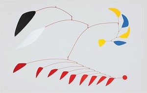 Alexander Calder, Blue and Yellow Sickles, 1960. Painted sheet metal and steel wire, 32 × 60 inches (81.3 × 152.4 cm)