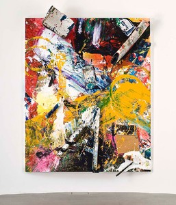 Dan Colen, Cherry Oh Baby, 2011. Trash and paint on canvas, 115 ⅝ × 85 × 11 ⅜ inches, (293.5 × 216 × 29cm) Photo by Giorgio Benni