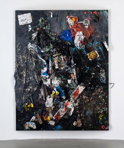 Dan Colen, "She doesn't want to talk about love she says she just wants to make love but she talks about it almost endlessly", 2011. Trash and paint on canvas, 126 × 102 13/16 × 7 ⅞ inches, (320 × 261 × 20cm) Photo by Giorgio Benni