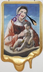 Francesco Vezzoli, CRYING PORTRAIT OF CHRISTIE BRINKLEY AS A RENAISSANCE MADONNA WITH HOLY CHILD (AFTER GIOVANNI BELLINI), 2010. Inkjet print on canvas, cotton and metallic embroidery, fabric, custom jewelry, watercolor, make-up & artist's frame, 88 × 53 × 4 inches (223.5 × 134.6 × 10.2 cm)