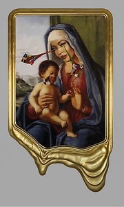 Francesco Vezzoli, CRYING PORTRAIT OF NAOMI CAMPBELL AS A RENAISSANCE MADONNA WITH HOLY CHILD (AFTER CIMA DA CONEGLIANO), 2010. Inkjet print on canvas, cotton and metallic embroidery, fabric, custom jewelry, watercolor, make-up & artist's frame, 93 × 53 × 4 ½ inches (236.2 × 134.6 × 11.4 cm)
