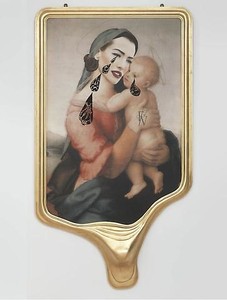 Francesco Vezzoli, CRYING PORTRAIT OF TATJANA PATITZ AS A RENAISSANCE MADONNA WITH HOLY CHILD (AFTER RAFFAELLO), 2010. Inkjet print on canvas, cotton and metallic embroidery, fabric, custom jewelry, watercolor, make-up & artist's frame, 93 × 53 × 6 inches (236.2 × 134.6 × 15.2 cm)
