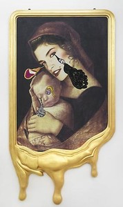 Francesco Vezzoli, CRYING PORTRAIT OF CINDY CRAWFORD AS A RENAISSANCE MADONNA WITH HOLY CHILD (AFTER ANDREA MANTEGNA), 2010. Inkjet print on canvas, cotton and metallic embroidery, fabric, custom jewelry, watercolor, make-up & artist's frame, 96 × 53 × 4 ⅜ inches (243.8 × 134.6 × 11.1 cm)