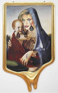 Francesco Vezzoli, CRYING PORTRAIT OF KIM ALEXIS AS A RENAISSANCE MADONNA WITH HOLY CHILD (AFTER GIOVANNI BELLINI), 2010. Inkjet print on canvas, cotton and metallic embroidery, fabric, custom jewelry, watercolours, make-up & artist's frame, 94 ½ × 51 3/16 × 7 ⅞ inches (240 × 130 × 20 cm)