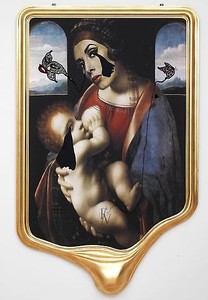 Francesco Vezzoli, CRYING PORTRAIT OF WILHELMINA AS A RENAISSANCE MADONNA WITH HOLY CHILD (AFTER LEONARDO), 2010. Inkjet print on canvas, cotton and metallic embroidery, fabric, custom jewelry, watercolours, make-up & artist's frame, 83 × 53 × 5 ⅜ inches (210.8 × 134.6 × 13.7 cm)
