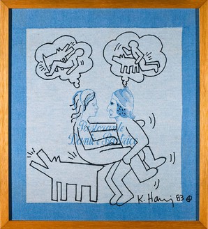 Keith Haring, Dante &amp; Beatrice, 1983 Permanent black ink on canvas jacquard, 19 ⅝ × 21 ⅝ inches (50 × 55 cm)