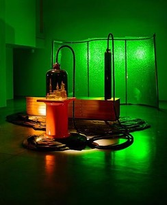 Mike Kelley, Kandor 12 A (green screen), 2010. Tinted Urethane resin, steel, blown glass with water-based resin coating wood, enamel paint, silicone rubber, acrylic paint, lighting fixture and Lenticular 12, 126 × 202 × 276 inches overall (320 × 513.1 × 701 cm) Photo by Fredrik Nilsen