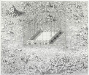 Paul Noble, Family is Infinity (or, Hard Labour), 2009–10. Pencil on paper, 3 panels: 54 5/16 × 65 inches overall (138 × 165 cm)