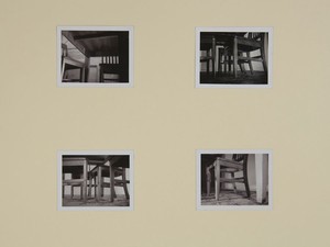 Robert Therrien, No title (Under the table shots I), 1991–92. Four black and white Polaroids, 3 ½ × 4 ¼ inches each (8.9 × 10.8 cm) © Robert Therrien, photo by Josh White