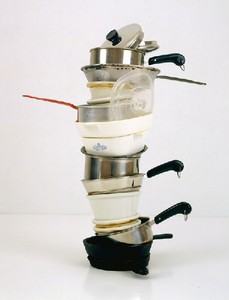Robert Therrien, No title (Mini stacked pots and pans IV, crème brûlée), 2005. Metal and plastic, 13 ½ × 12 × 12 inches (34.3 × 30.5 × 30.5 cm) © Robert Therrien, photo by Josh White