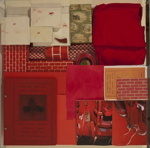 Robert Therrien, No title (Red vitrine), 1982–2011. Mixed media, Vitrine: 5 × 37 ⅜ × 37 ¼ nches (12.7 × 94.9 × 94.6 cm) © Robert Therrien, photo by Josh White