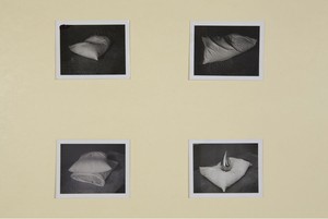 Robert Therrien, No title (Pillow and teardrop), 2001. Four black and white Polaroids, 3 ½ × 4 ¼ inches each (8.9 × 10.8 cm) © Robert Therrien, photo by Josh White