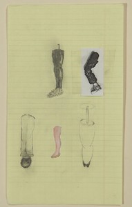 Robert Therrien, No title (Five leg examples), 1993. Graphite and various paper on paper, 9 ½ × 5 ½ inches (24.1 × 14 cm) © Robert Therrien, photo by Josh White