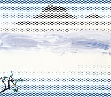 Painting of mountain ranges and fog formed with Benday dots and a bonsai tree in front.