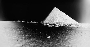 Vera Lutter, Mycenius Pyramid, Giza: April 13, 2010, 2010. Unique Silver Gelatin Print, 14 7/16 × 27 ⅜ inches, (36.7 × 69.5cm)