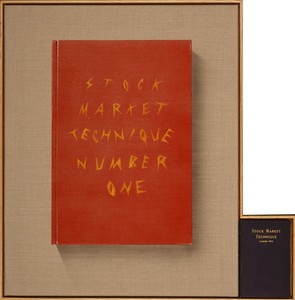Ed Ruscha, Stock Market Technique, Numbers 1 &amp; 2, 2002. Acrylic on raw linen with book, 30 ⅞ × 30 ⅜ inches (78.4 × 77.2 cm) © Ed Ruscha. Photo: Paul Ruscha
