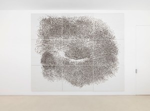Giuseppe Penone, Contatto—occhio sinistro di R..., 2009. Tempera on canvas, silk, Acacia thorns, 9 panels: 118 ⅛ × 141 11/16 × 3 ½ inches overall (300 × 360 cm) Photo by Mike Bruce