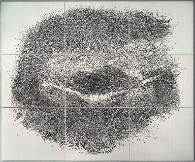 Giuseppe Penone, Contatto—occhio destro di R..., 2009 Tempera on canvas, silk, Acacia thorns, 9 panels: 118 ⅛ × 141 11/16 × 3 ½ inches overall (300 × 360 cm)