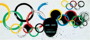 Jean-Michel Basquiat & Andy Warhol, Olympic Rings, 1985. Acrylic and silkscreen on canvas, 81 ⅛ × 183 ½ inches (206 × 466 cm) © 2012 The Estate of Jean-Michel Basquiat/ADAGP, Paris/ARS, New York;, © 2012 The Andy Warhol Foundation for the Visual Arts, Inc./ARS, New York