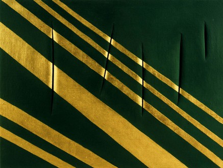 Lucio Fontana, Concetto spaziale, Attese, 1959 Water-based paint and oil on canvas, 49 ¼ × 65 inches (125.1 × 165.1 cm)© Courtesy of the Fondazione Lucio Fontana. Private Collection, Milan