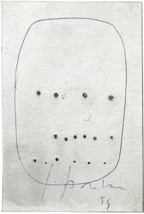 Lucio Fontana, Concetto spaziale, 1959. Pens on perforated silver foil mounted on gold foil backing, 4 ½ × 3 ⅝ inches (11.4 × 9.2 cm) © Fondazione Lucio Fontana/ADAGP, Paris 2012
