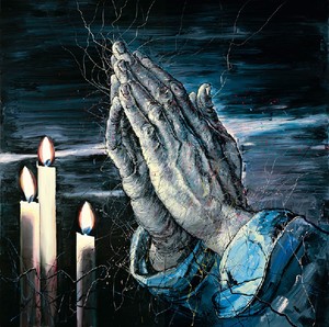 Zeng Fanzhi, Praying Hands, 2012. Oil on canvas, in 2 parts, overall: 157 ½ × 157 ½ inches (400 × 400 cm) © Zeng Fanzhi Studio