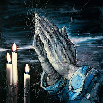 Zeng Fanzhi, Praying Hands, 2012 Oil on canvas, in 2 parts, overall: 157 ½ × 157 ½ inches (400 × 400 cm)© Zeng Fanzhi Studio