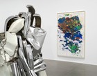 Installation view of a John Chamberlain sculpture and Joan Mitchell painting.