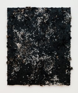 Dan Colen, Dis is de end!, 2012. Tar and feathers on canvas, 73 × 59 inches (185.4 × 149.9 cm) © Dan Colen