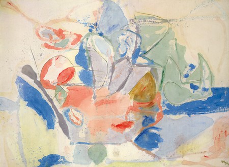 Helen Frankenthaler, Mountains and Sea, 1952 Oil and charcoal on canvas, 86 ⅜ × 117 ¼ inches (219.4 × 297.8 cm)Helen Frankenthaler Foundation, Inc., on extended loan to the National Gallery of Art, Washington, DC© 2013 Estate of Helen Frankenthaler/Artists Rights Society (ARS), New York