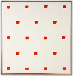 Niele Toroni, Empreintes de pinceau No. 50 répétées à intervalles réguliers de 30 cm, 1973. Oil on canvas, 47 ¼ × 43 ¼ inches (120 × 110 cm)